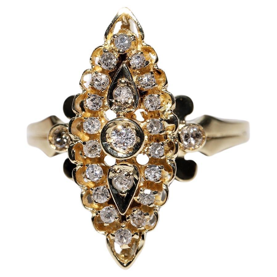 Vintage Circa 1980s 14k Gold Natural Diamond Decorated Navette Ring