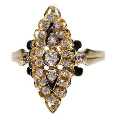 Vintage Circa 1980s 14k Gold Natural Diamond Decorated Navette Ring