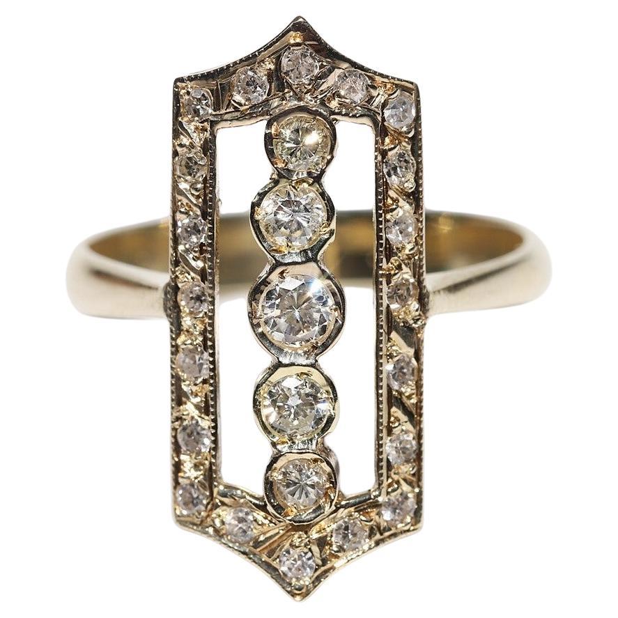 Vintage Circa 1980s 14k Gold Natural Diamond Decorated Navette Ring