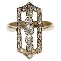 Vintage Circa 1980s 14k Gold Natural Diamond Decorated Navette Ring