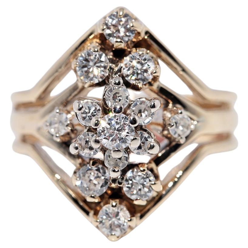 Vintage Circa 1980s 14k Gold  Natural Diamond Decorated Navette Ring