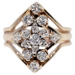 Vintage Circa 1980s 14k Gold  Natural Diamond Decorated Navette Ring