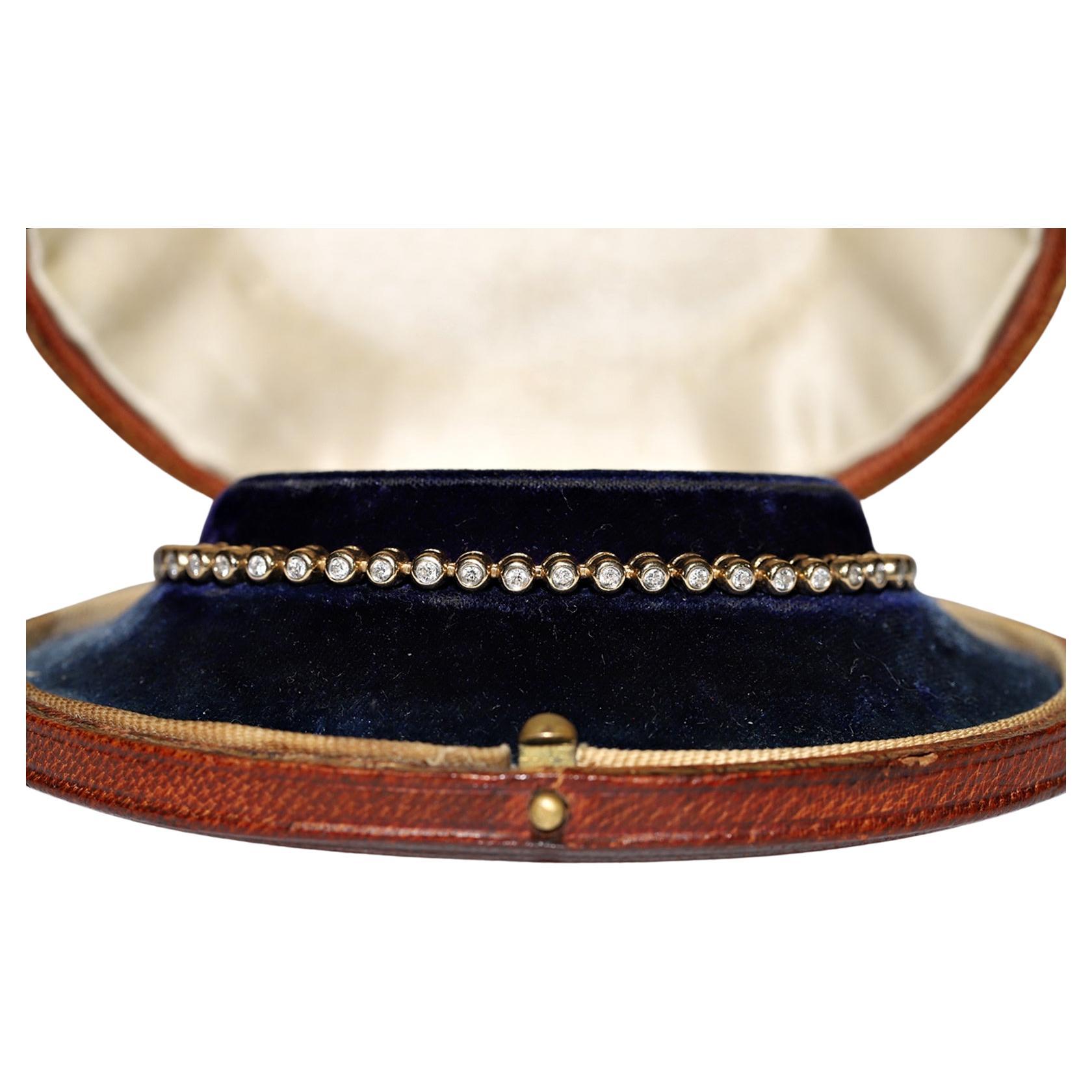 Vintage Circa 1980s 14k Gold Natural Diamond Decorated Tennis Bracelet  For Sale
