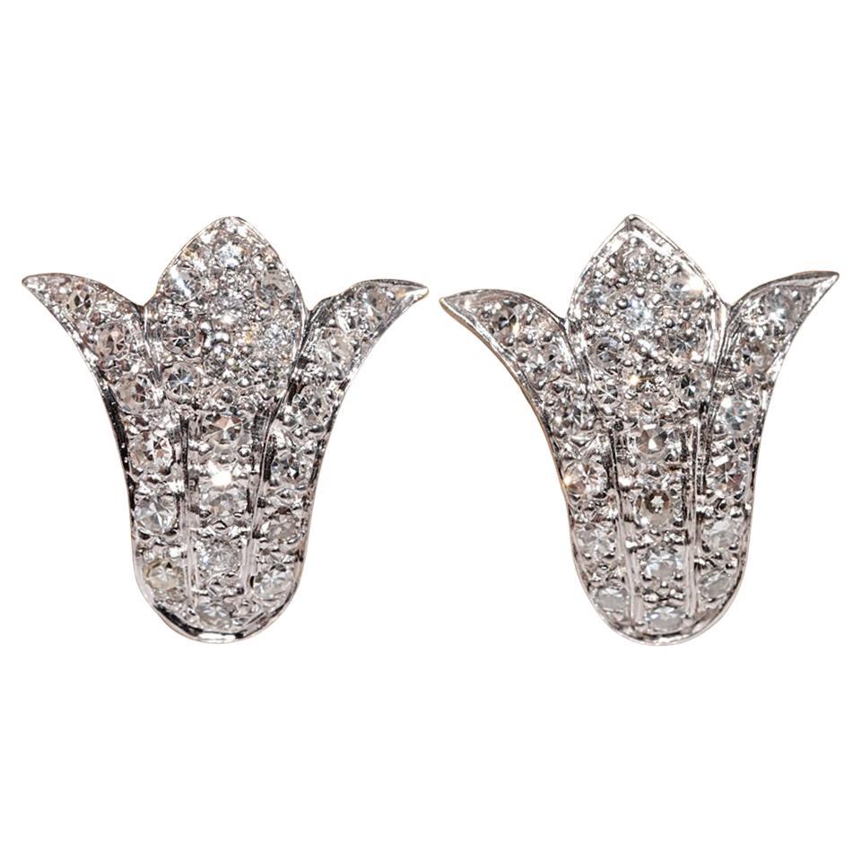 Orecchino stile tulipano decorato con diamanti naturali in oro 14k, vintage, degli anni '80 circa.