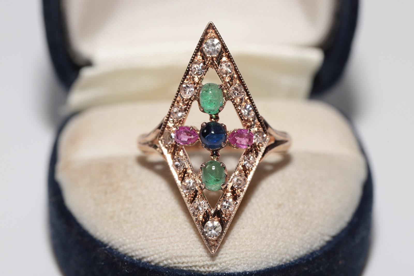 Vintage Circa 1980er Jahre 14k Gold natürlicher Diamant Smaragd Rubin und Saphir Ring im Angebot 9