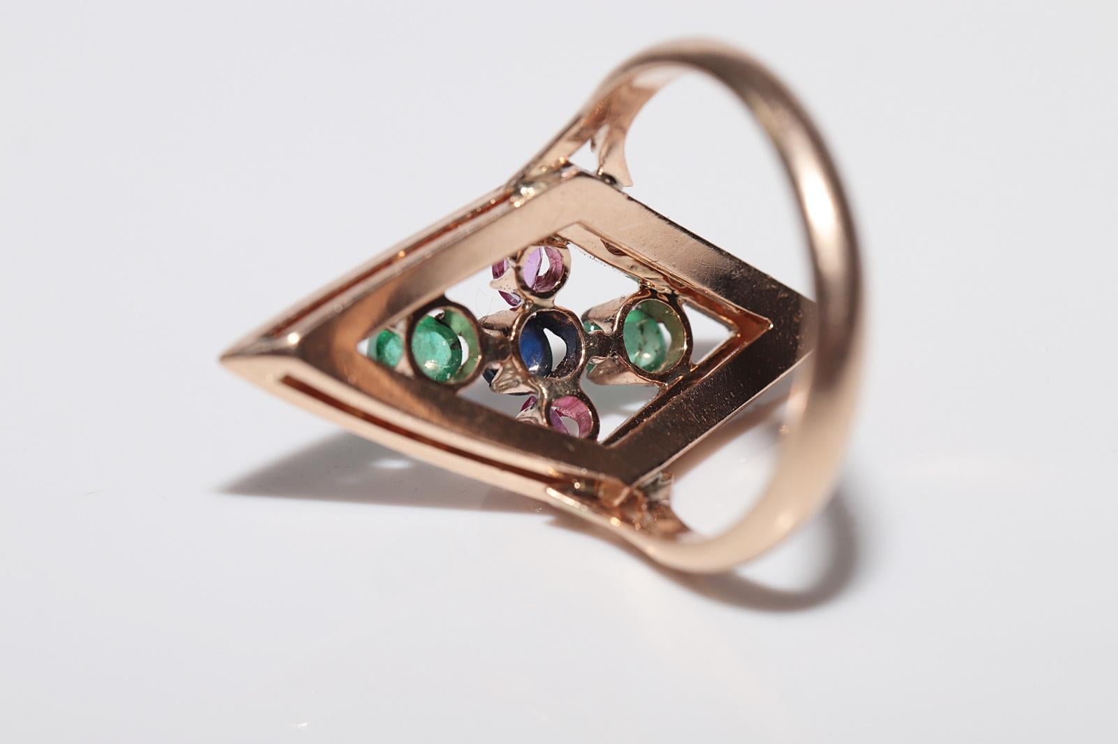 Vintage Circa 1980er Jahre 14k Gold natürlicher Diamant Smaragd Rubin und Saphir Ring im Zustand „Gut“ im Angebot in Fatih/İstanbul, 34