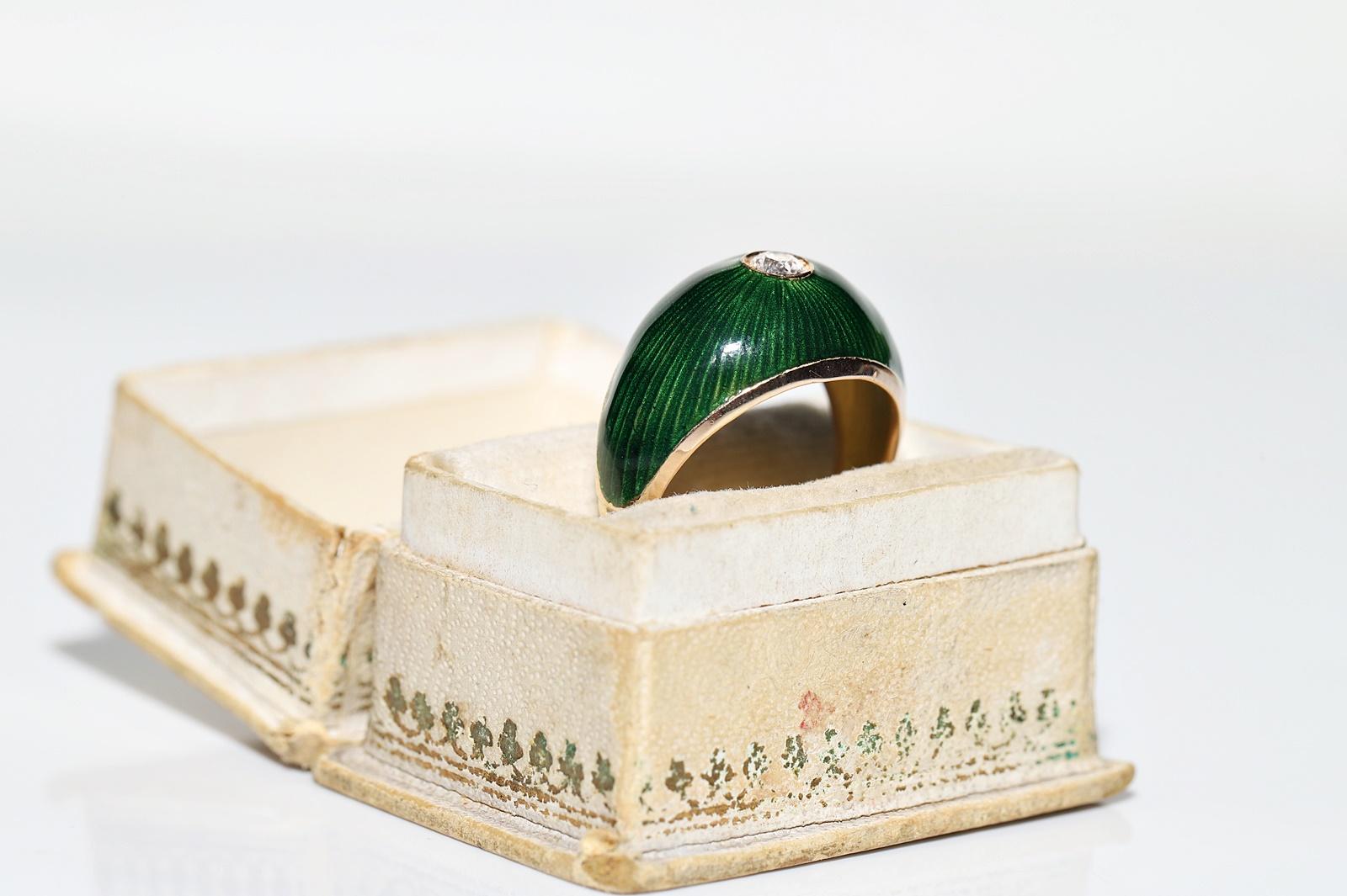 Bague solitaire vintage des années 1980 en or 14 carats décorée de diamants naturels et d'émail  Pour femmes en vente