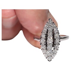Vintage Circa 1980s 14k Gold Natural Diamond Navette Ring