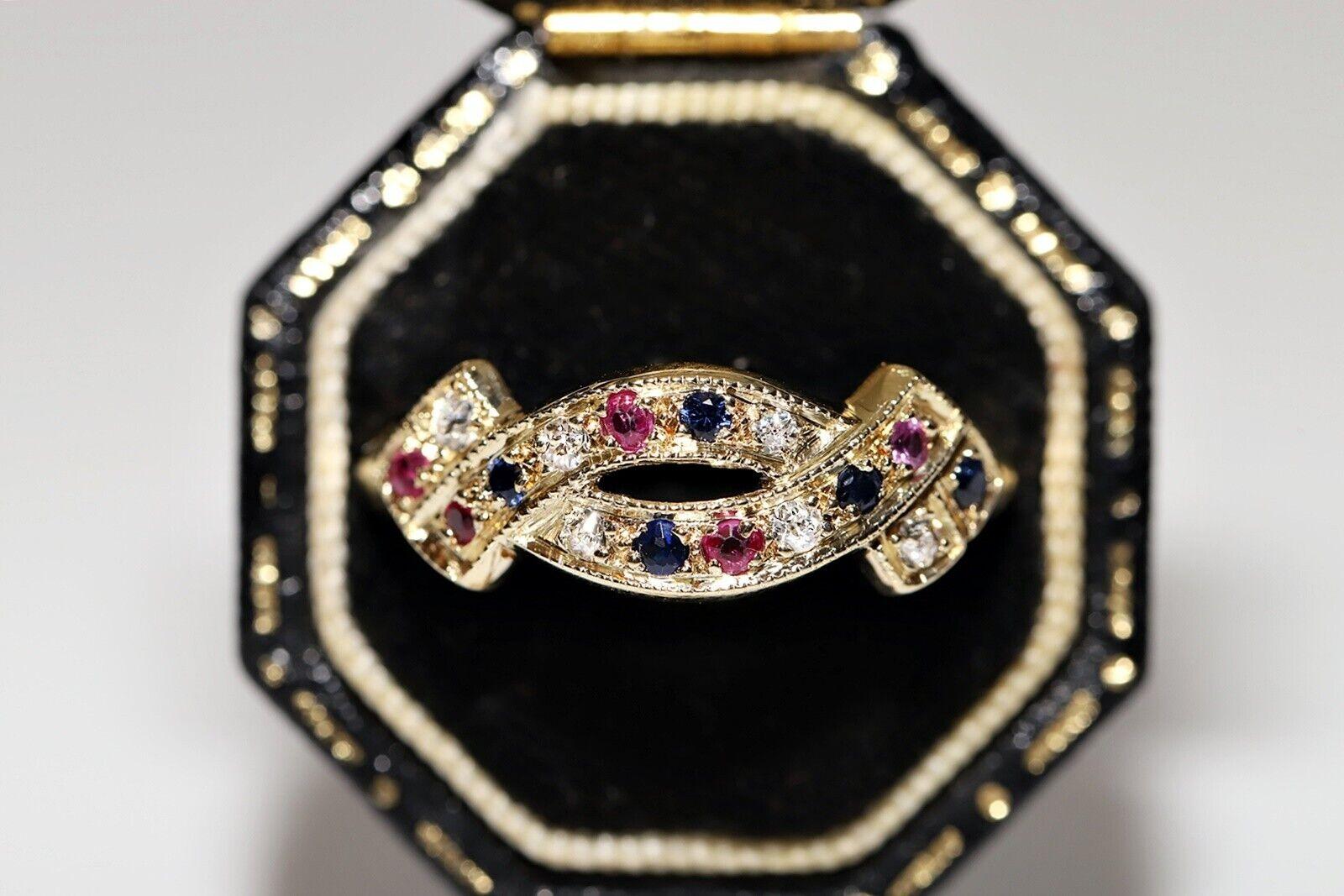 Vintage Circa 1980s 14k Gold Natural Diamond Sapphire Ruby Ring For Sale 4