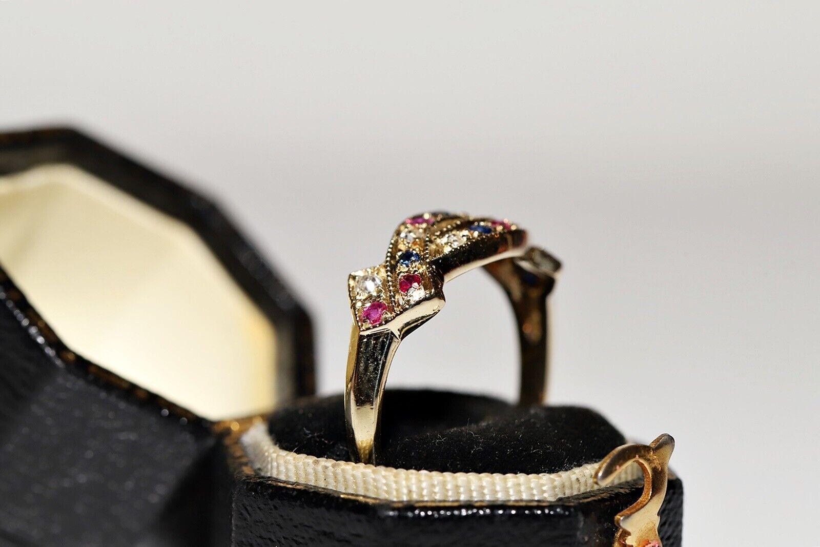 Vintage Circa 1980s 14k Gold Natural Diamond Sapphire Ruby Ring For Sale 5