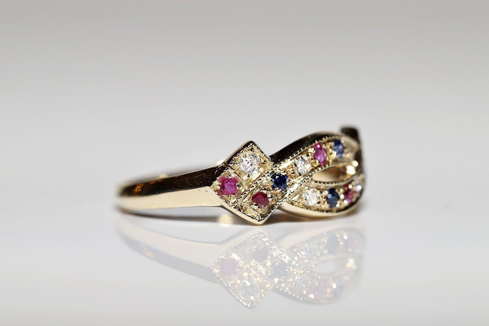 In very good condition.
Total weight is 2.7 grams.
Totally is diamond 0.13 ct.
The diamond is has G-H color vvs-vs clarity.
Totally is Sapphire and Ruby  0.30 carat.
Ring size is US 8.9
We can make any size.
Acid tested to be 14k Gold.
Box is not