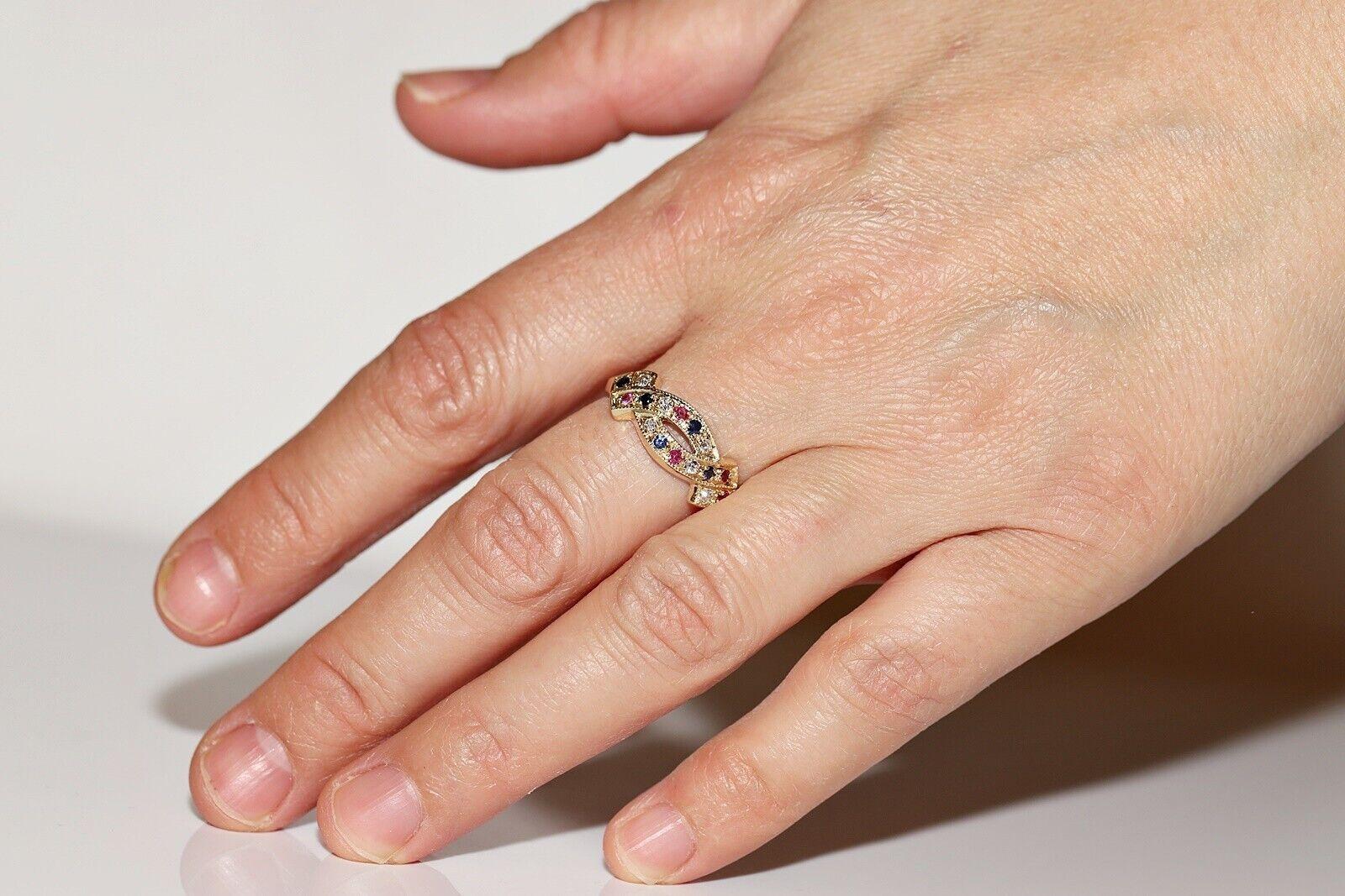 Vintage Circa 1980s 14k Gold Natural Diamond Sapphire Ruby Ring For Sale 2