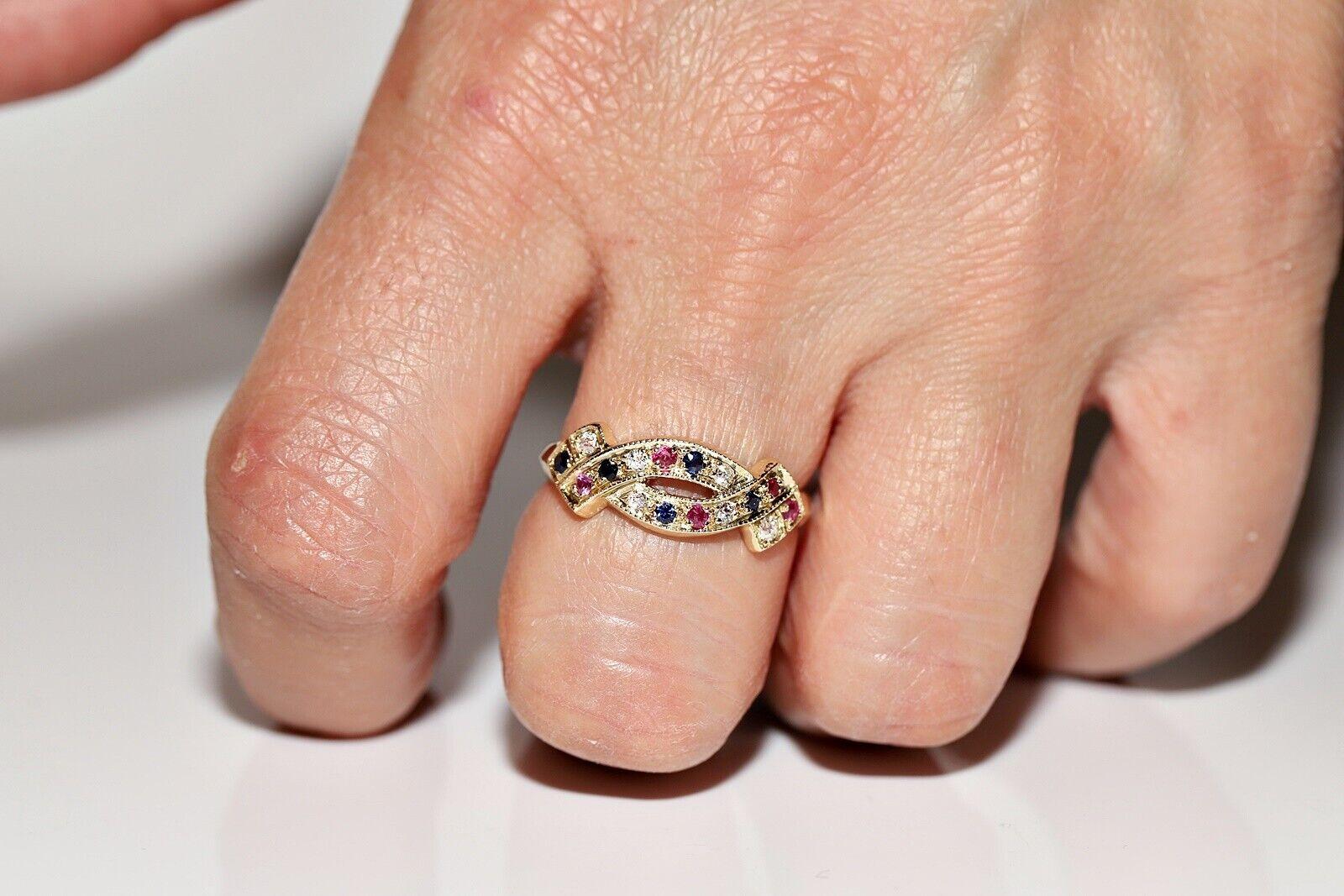 Vintage Circa 1980s 14k Gold Natural Diamond Sapphire Ruby Ring For Sale 3