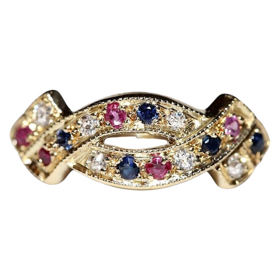 Vintage Circa 1980s 14k Gold Natural Diamond Sapphire Ruby Ring For Sale