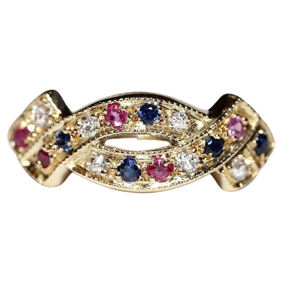 Vintage Circa 1980s 14k Gold Natural Diamond Sapphire Ruby Ring For Sale