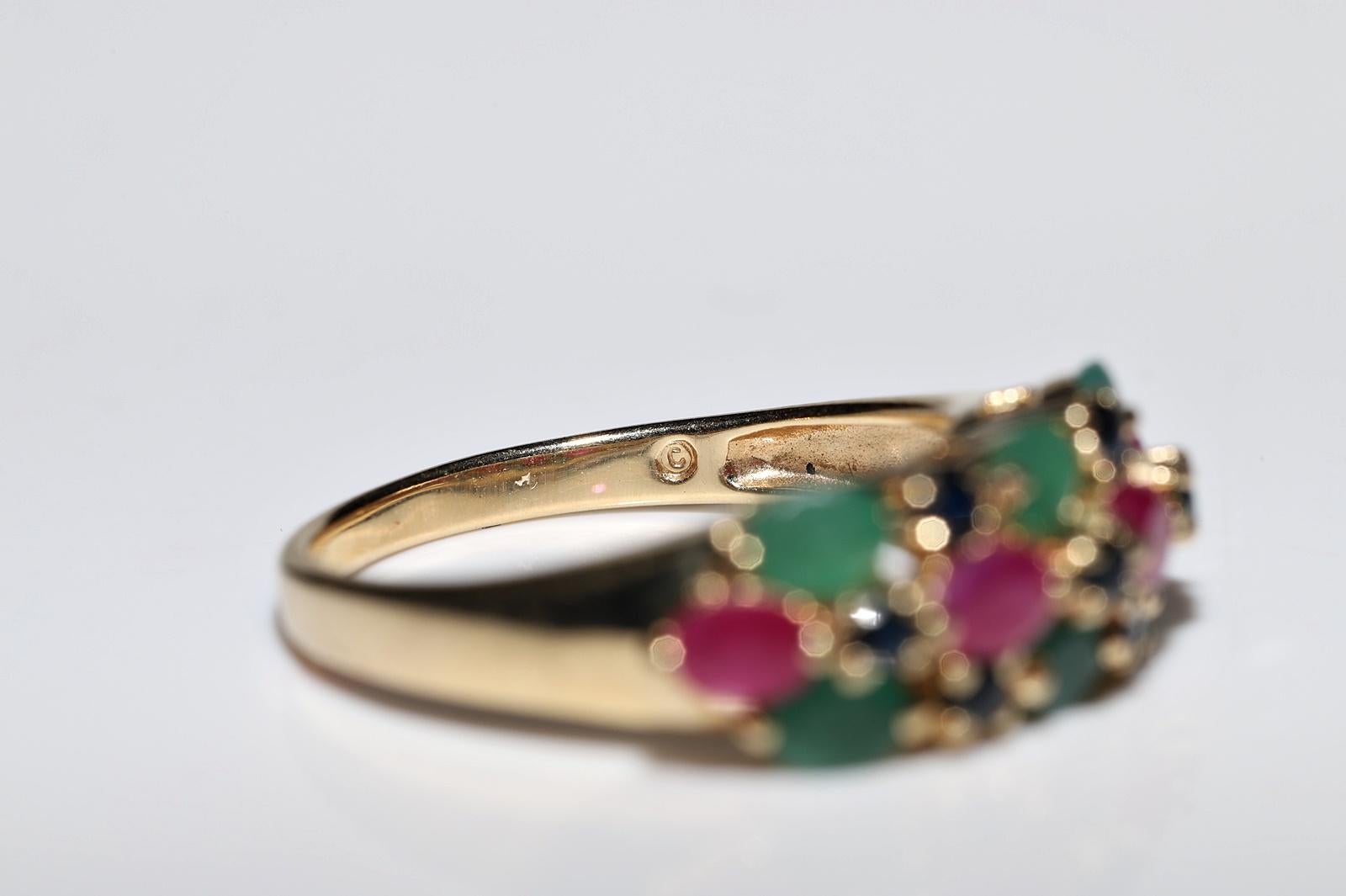 Vintage Circa 1980s 14k Gold Natural Emerald And Sapphire Ruby Decorated Ring For Sale 6