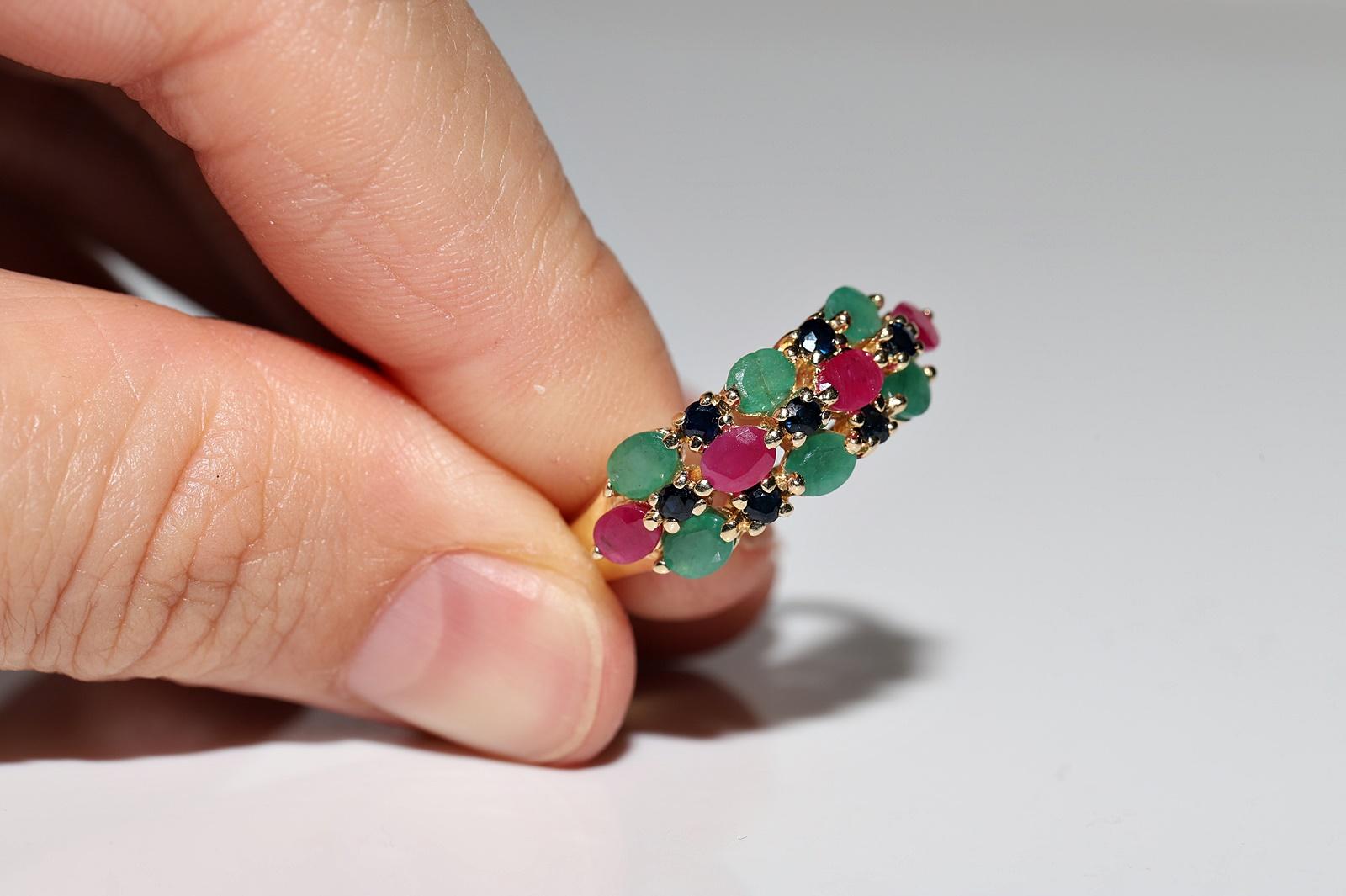 Vintage Circa 1980s 14k Gold Natural Emerald And Sapphire Ruby Decorated Ring For Sale 9
