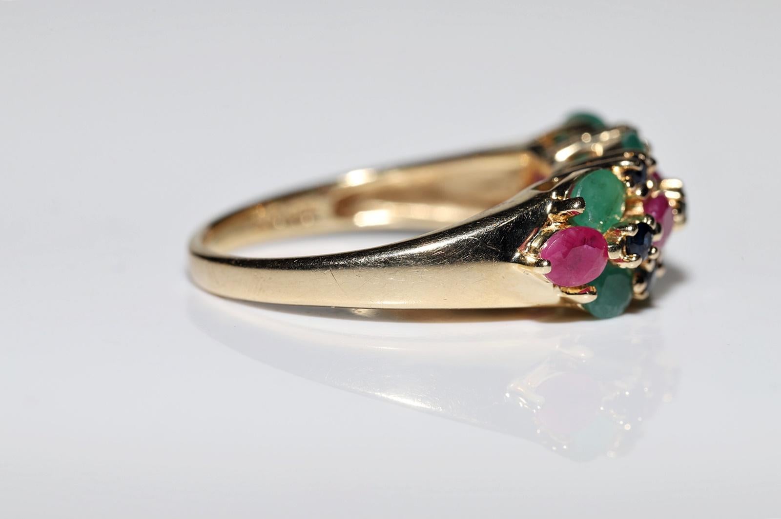 Vintage Circa 1980s 14k Gold Natural Emerald And Sapphire Ruby Decorated Ring For Sale 2
