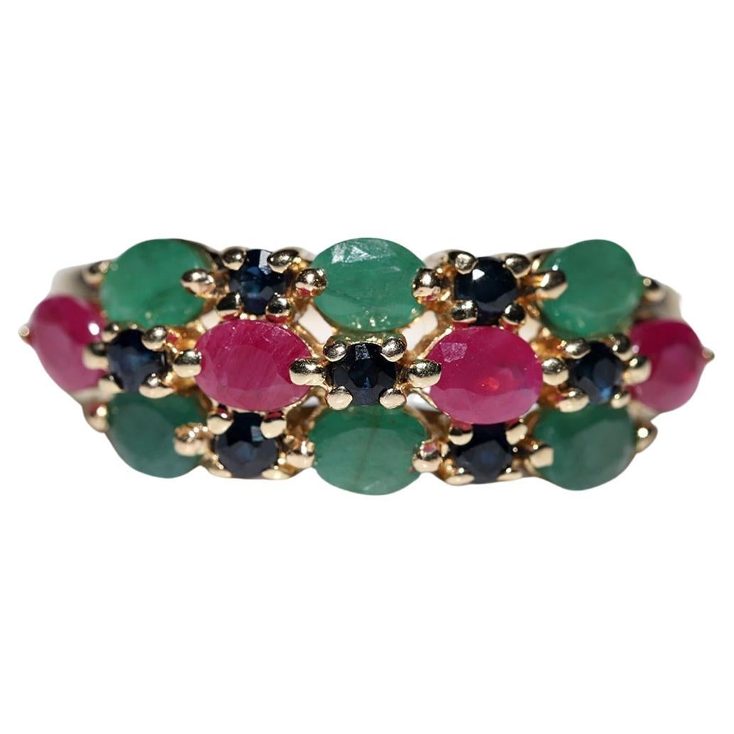 Vintage Circa 1980s 14k Gold Natural Emerald And Sapphire Ruby Decorated Ring