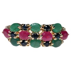 Retro Circa 1980s 14k Gold Natural Emerald And Sapphire Ruby Decorated Ring