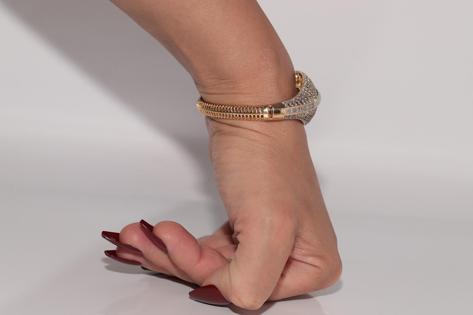 Vintage CIRCA 1980s 14k Gold Naturald Diamant und Türkis Armreif Armband im Zustand „Gut“ im Angebot in Fatih/İstanbul, 34