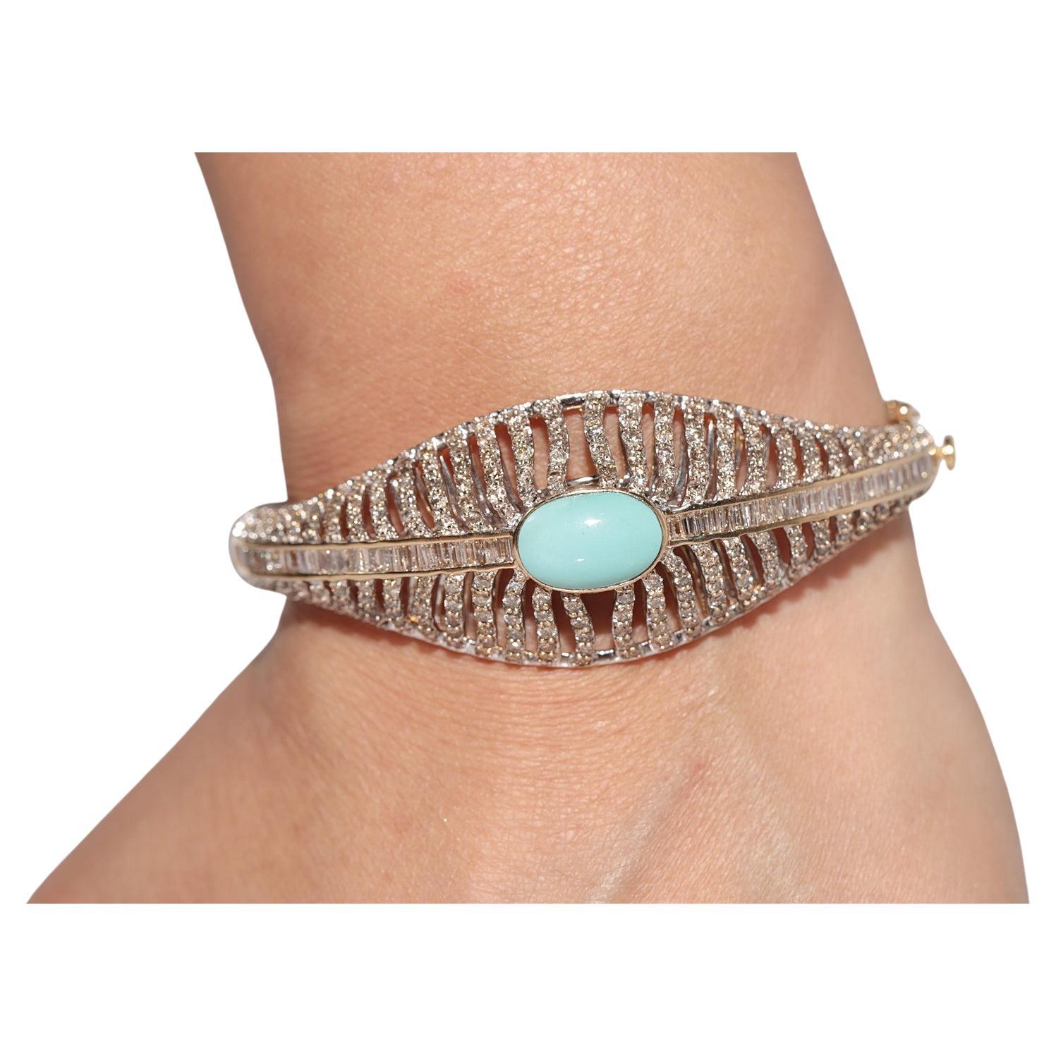 Vintage Circa 1980s 14k Gold Naturald Diamond and Turquoise Bangle Bracelet