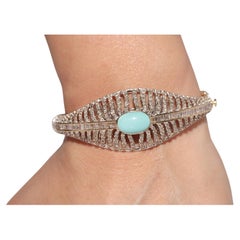 Vintage Circa 1980s 14k Gold Naturald Diamond and Turquoise Bangle Bracelet