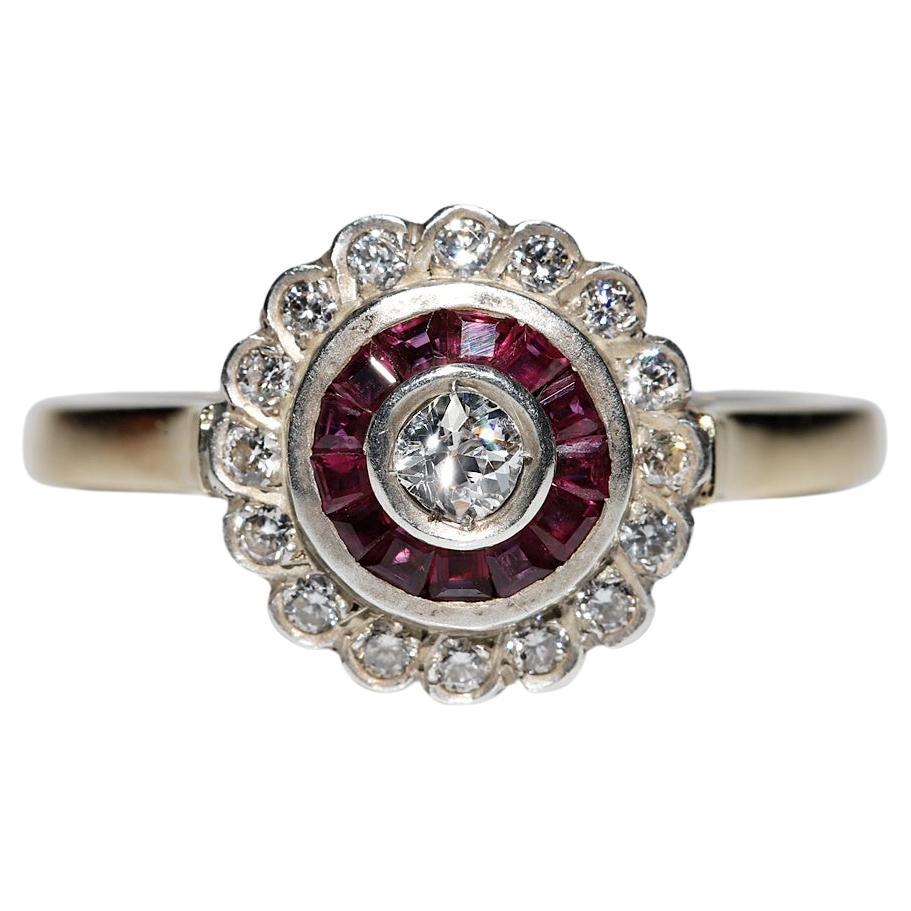 Bague vintage des années 1980, or 14 carats, argent, diamant naturel et rubis calibré