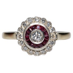 Bague vintage des années 1980, or 14 carats, argent, diamant naturel et rubis calibré