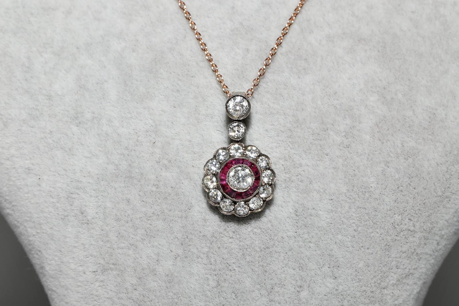 Retro Vintage Circa 1980s 14k Gold Top Silver Natural Diamond And Ruby Necklace For Sale