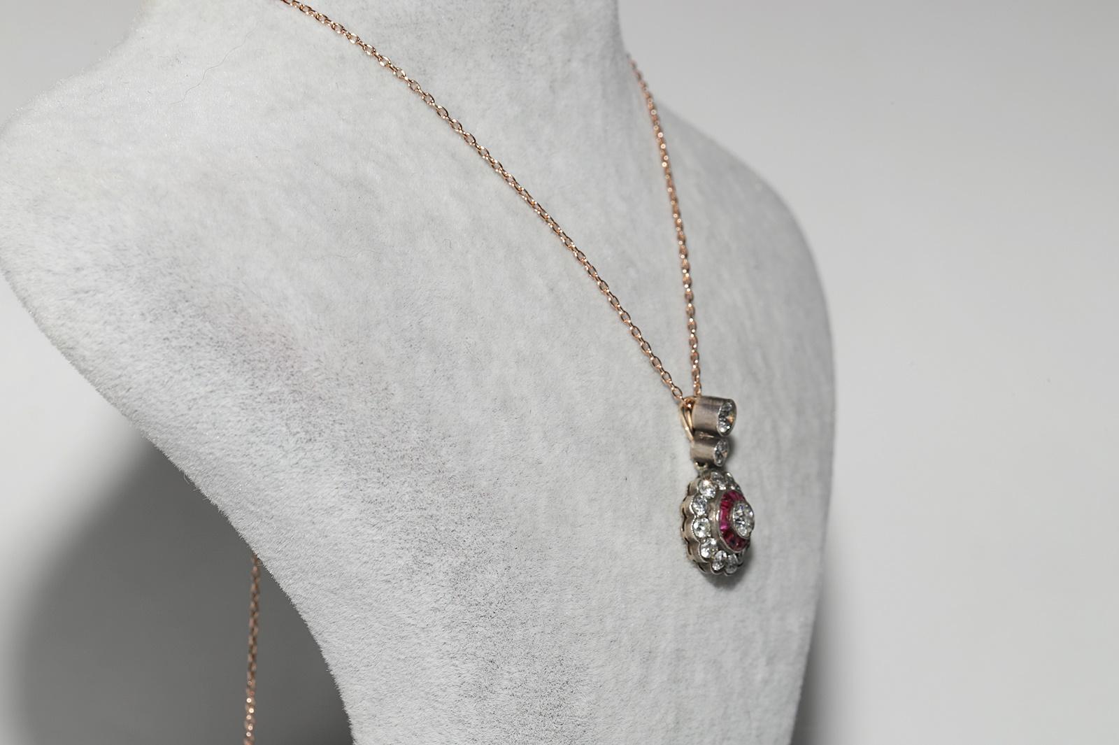 Brilliant Cut Vintage Circa 1980s 14k Gold Top Silver Natural Diamond And Ruby Necklace For Sale