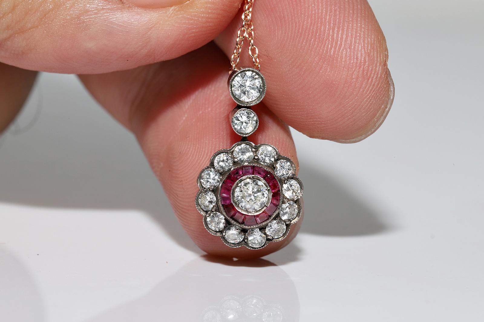 Collier vintage des années 1980, or 14 carats, argent, diamants naturels et rubis Pour femmes en vente