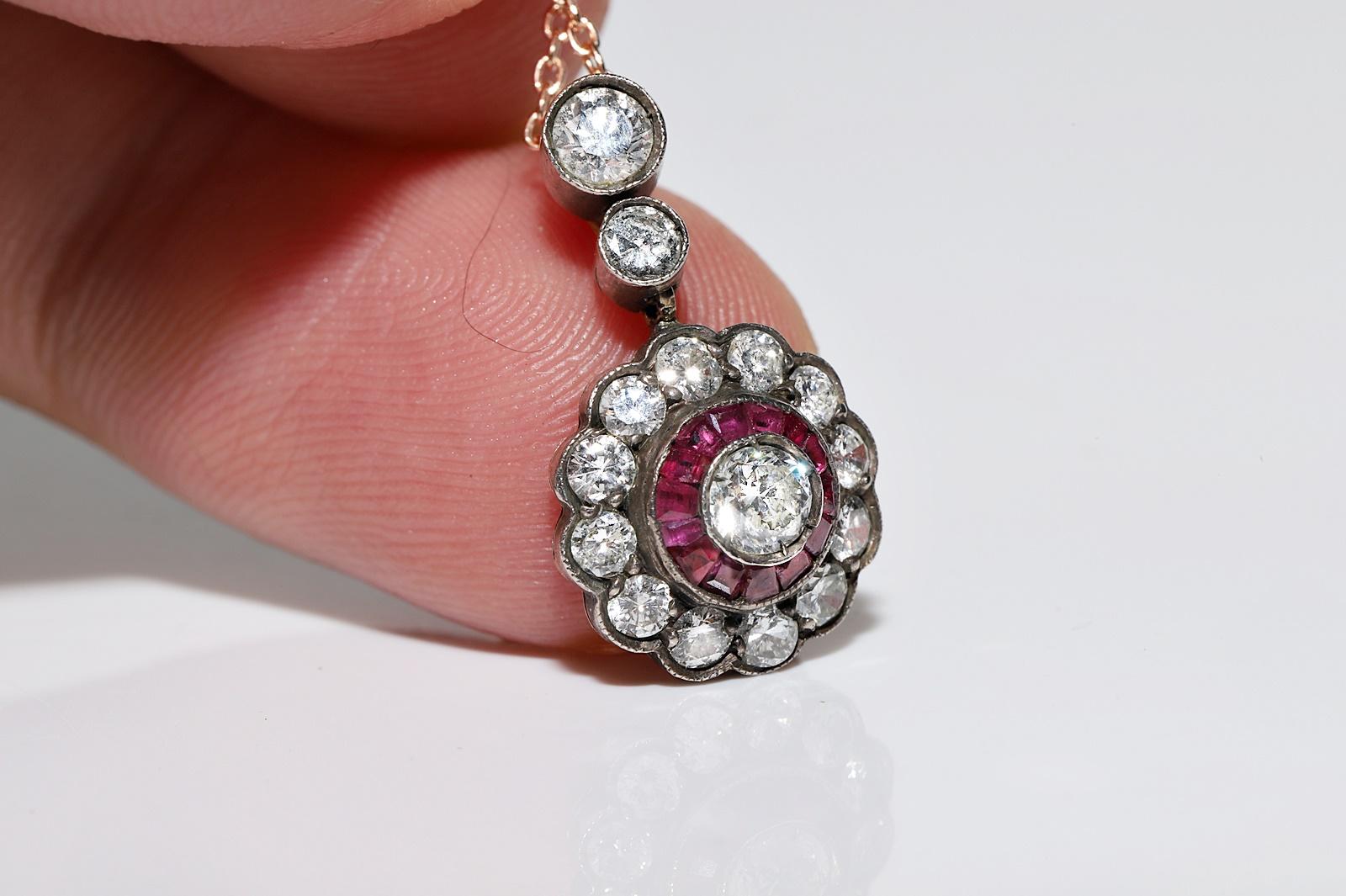 Vintage Circa 1980s 14k Gold Top Silver Natural Diamond And Ruby Necklace For Sale 1