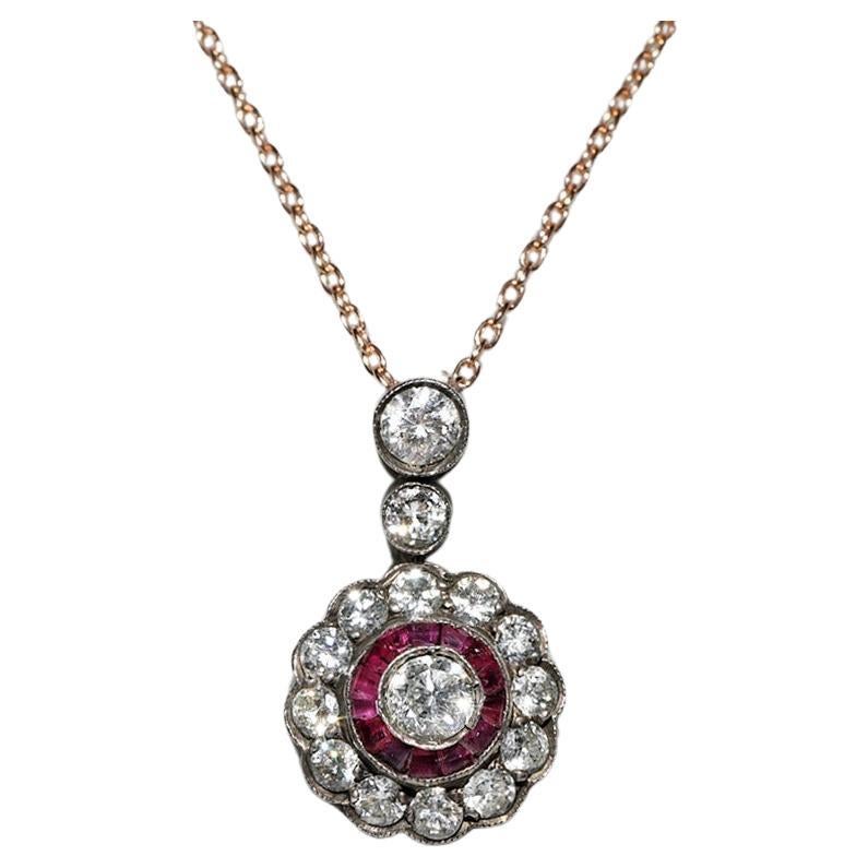 Vintage Circa 1980s 14k Gold Top Silver Natural Diamond And Ruby Necklace For Sale