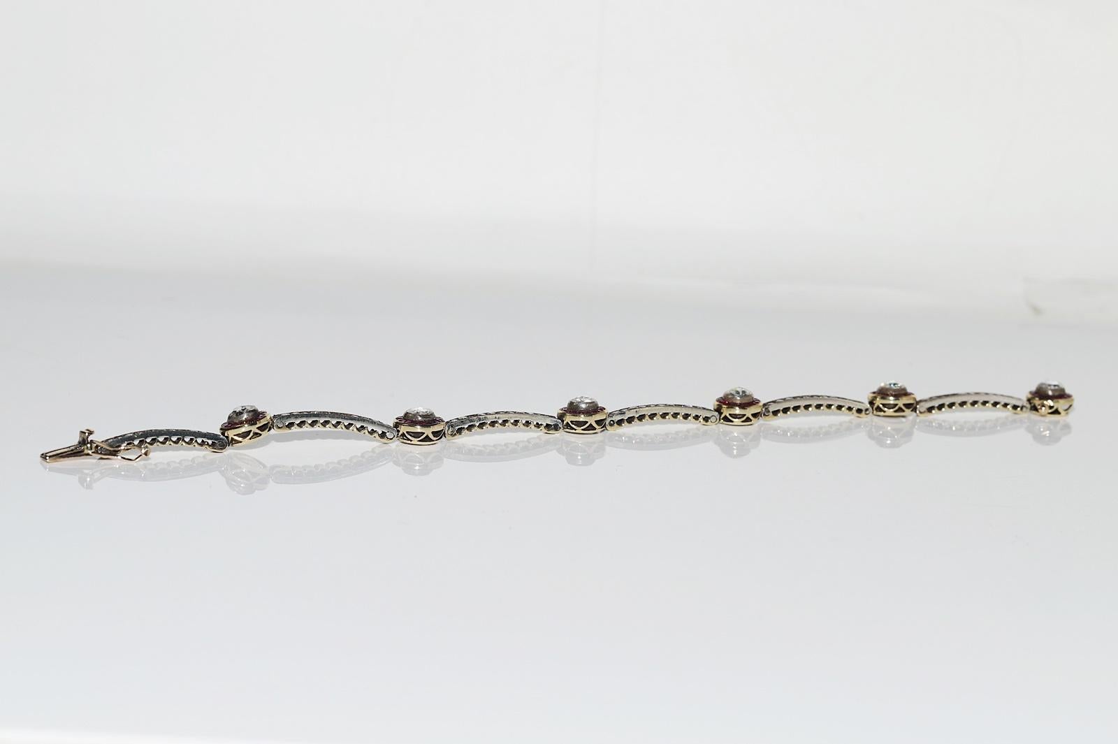 Bracelet tennis vintage des années 1980, or 14 carats, argent, diamants naturels et rubis en vente 6