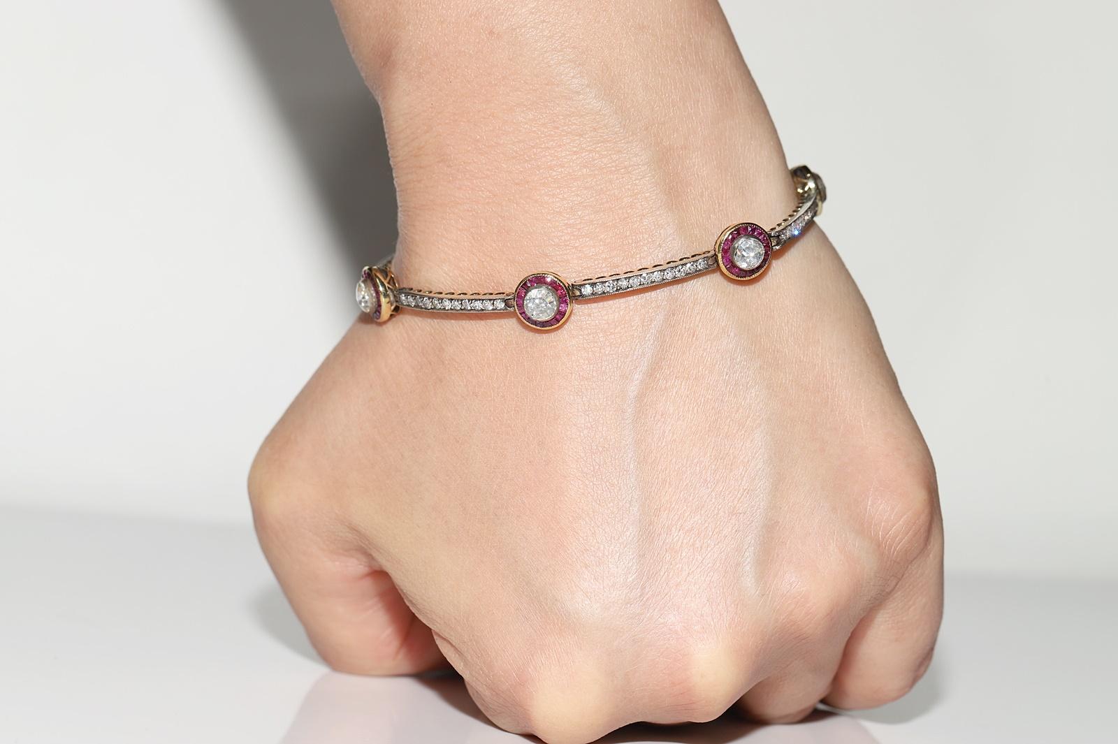 Bracelet tennis vintage des années 1980, or 14 carats, argent, diamants naturels et rubis en vente 12