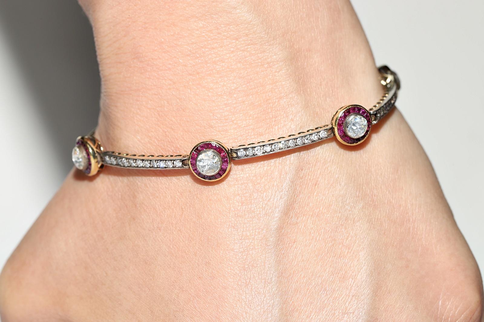 Bracelet tennis vintage des années 1980, or 14 carats, argent, diamants naturels et rubis en vente 13