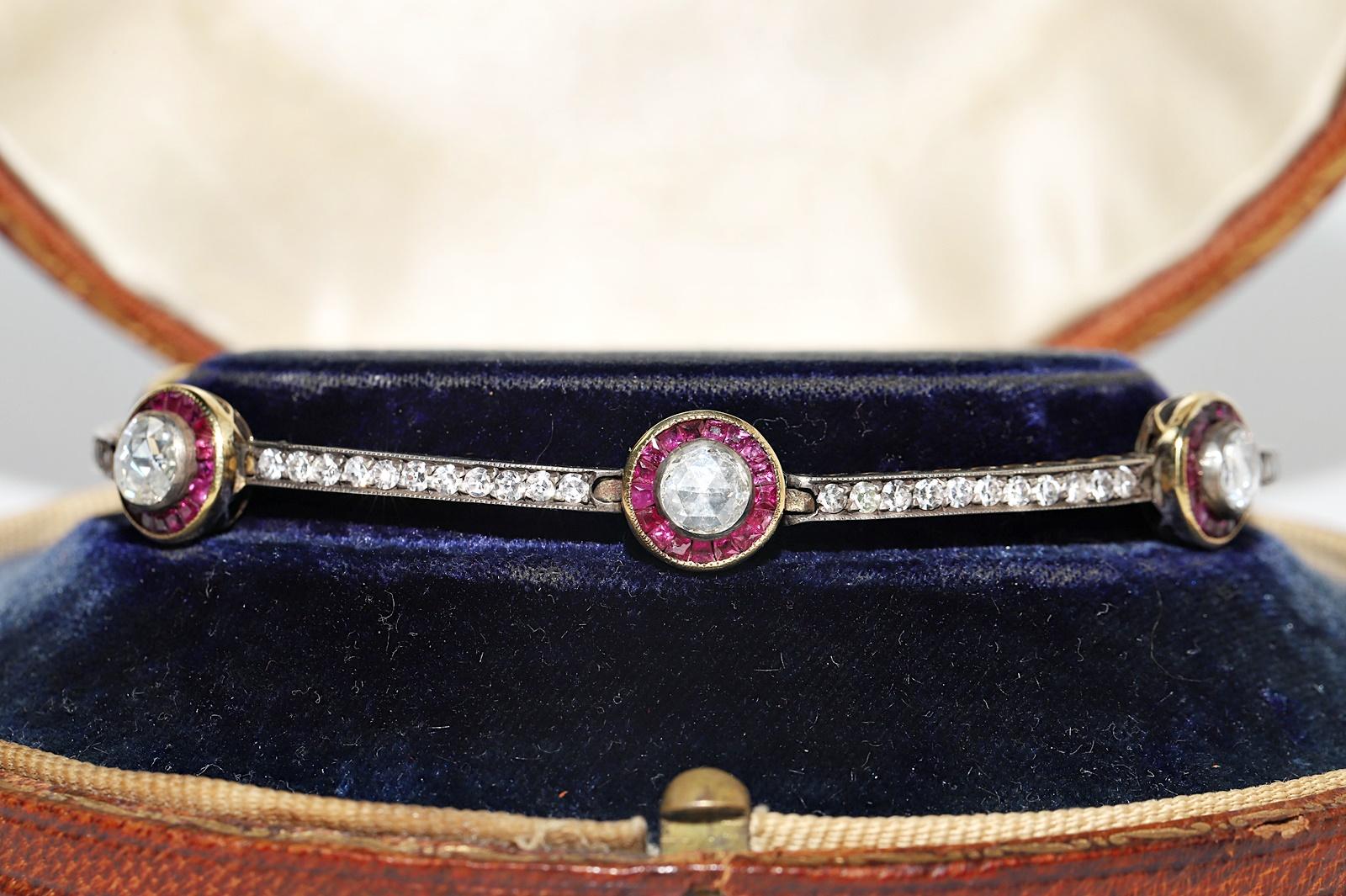 Rétro Bracelet tennis vintage des années 1980, or 14 carats, argent, diamants naturels et rubis en vente