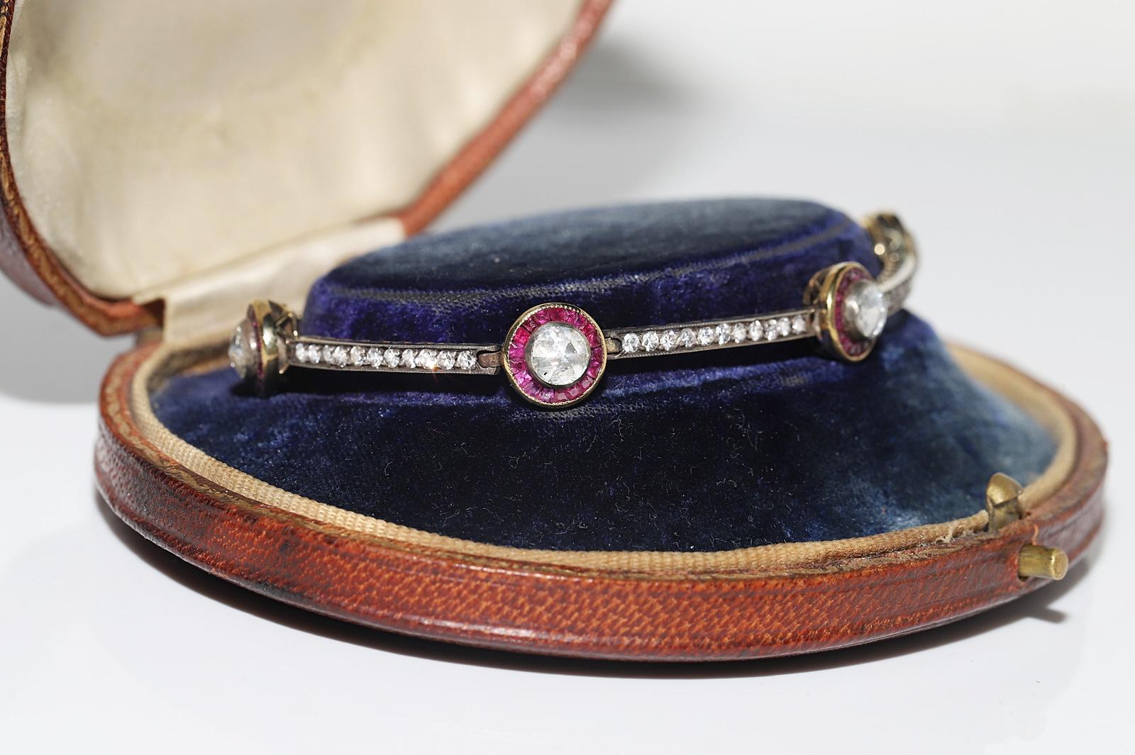Taille rose Bracelet tennis vintage des années 1980, or 14 carats, argent, diamants naturels et rubis en vente