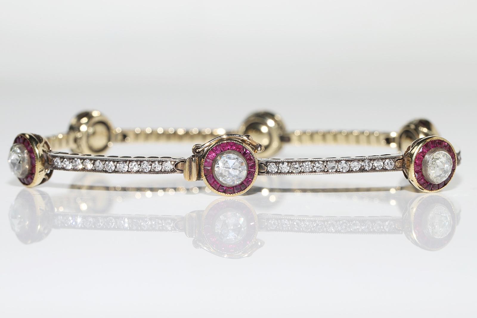 Bracelet tennis vintage des années 1980, or 14 carats, argent, diamants naturels et rubis Pour femmes en vente