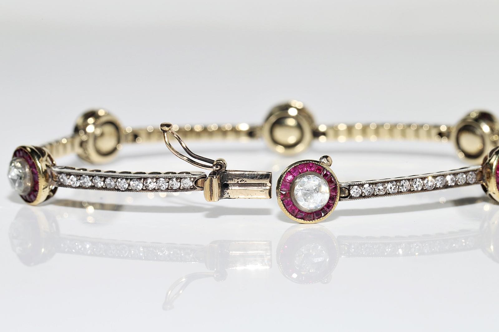 Bracelet tennis vintage des années 1980, or 14 carats, argent, diamants naturels et rubis en vente 2