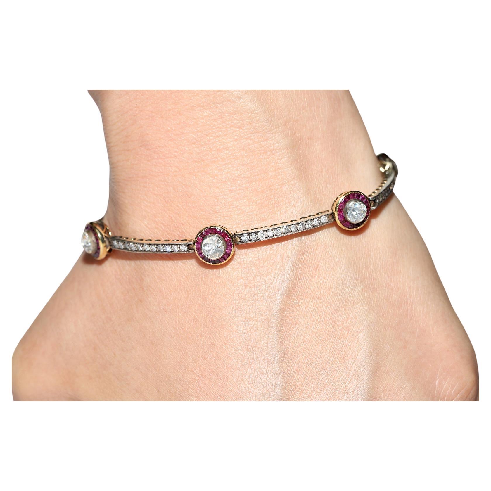 Bracelet tennis vintage des années 1980, or 14 carats, argent, diamants naturels et rubis en vente