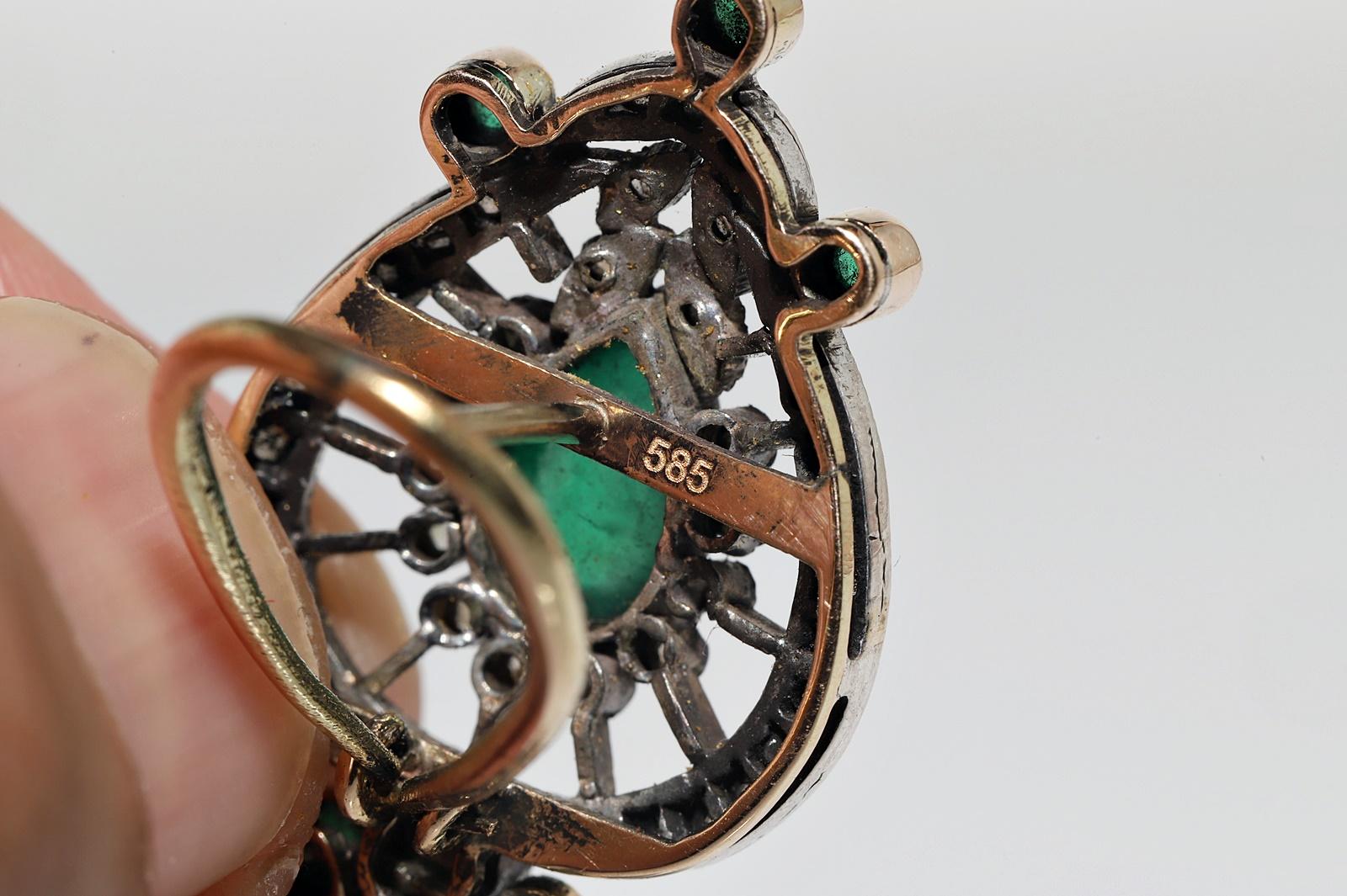 Vintage Circa 1980er Jahre 14k Gold Top Silber Natürlicher Rosenschliff Diamant Smaragd Ohrring im Angebot 5