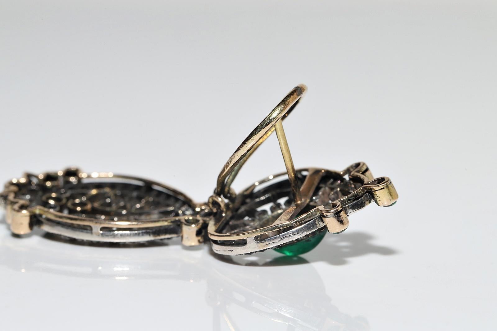 Vintage Circa 1980er Jahre 14k Gold Top Silber Natürlicher Rosenschliff Diamant Smaragd Ohrring im Angebot 6