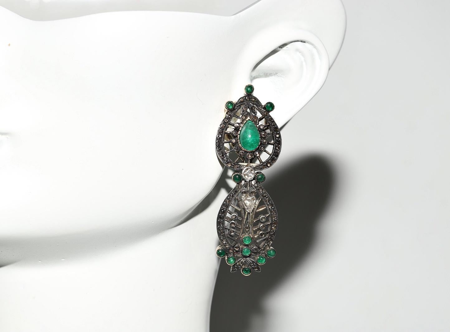 Vintage Circa 1980er Jahre 14k Gold Top Silber Natürlicher Rosenschliff Diamant Smaragd Ohrring im Angebot 9