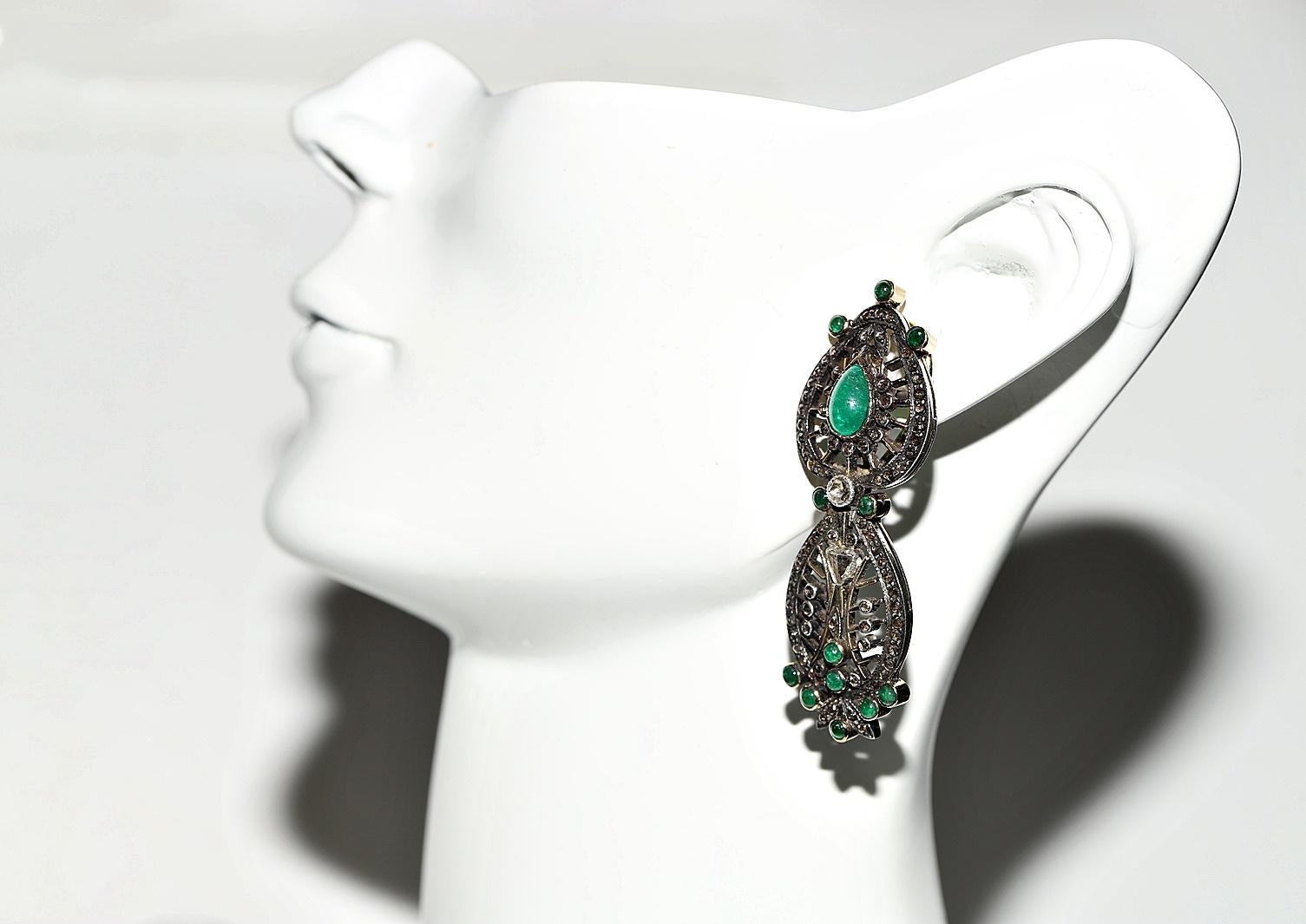 Vintage Circa 1980er Jahre 14k Gold Top Silber Natürlicher Rosenschliff Diamant Smaragd Ohrring im Angebot 10