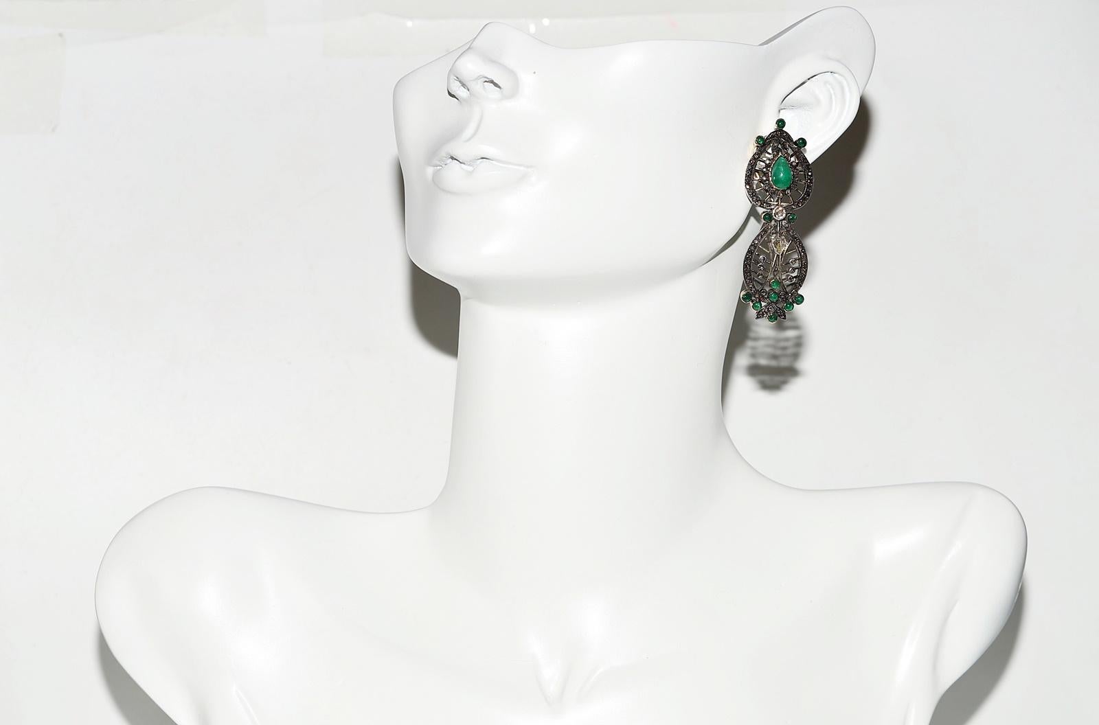 Vintage Circa 1980er Jahre 14k Gold Top Silber Natürlicher Rosenschliff Diamant Smaragd Ohrring im Angebot 11