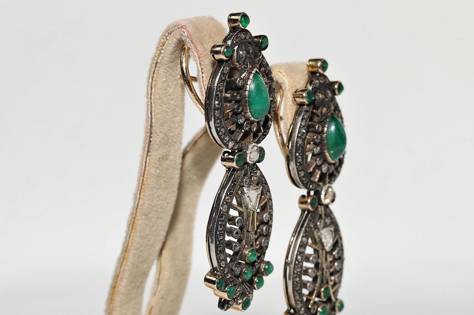 Vintage Circa 1980er Jahre 14k Gold Top Silber Natürlicher Rosenschliff Diamant Smaragd Ohrring im Zustand „Gut“ im Angebot in Fatih/İstanbul, 34