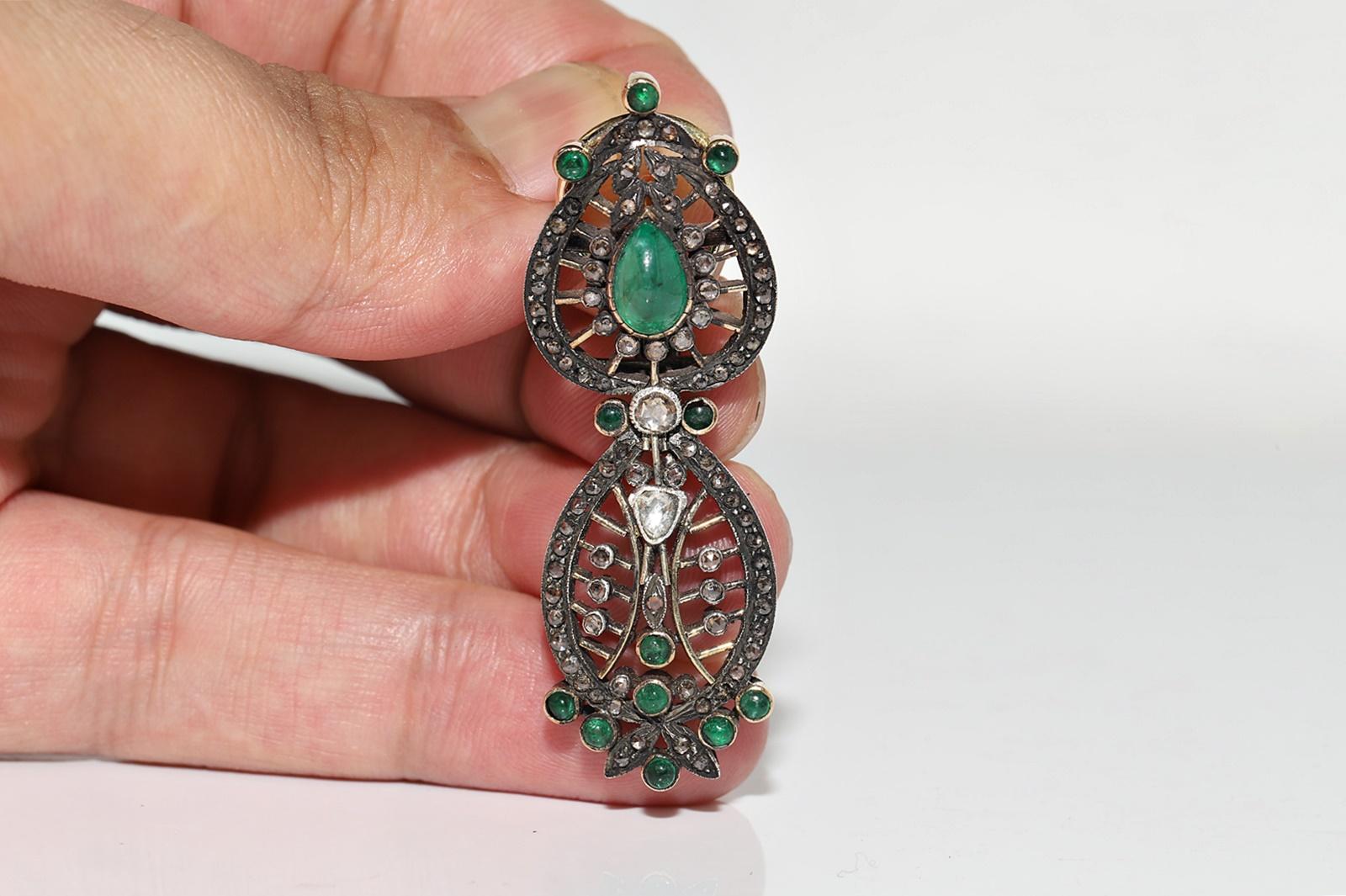 Vintage Circa 1980er Jahre 14k Gold Top Silber Natürlicher Rosenschliff Diamant Smaragd Ohrring im Angebot 1