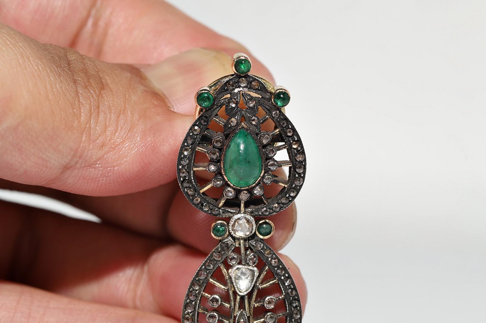 Vintage Circa 1980er Jahre 14k Gold Top Silber Natürlicher Rosenschliff Diamant Smaragd Ohrring im Angebot 2